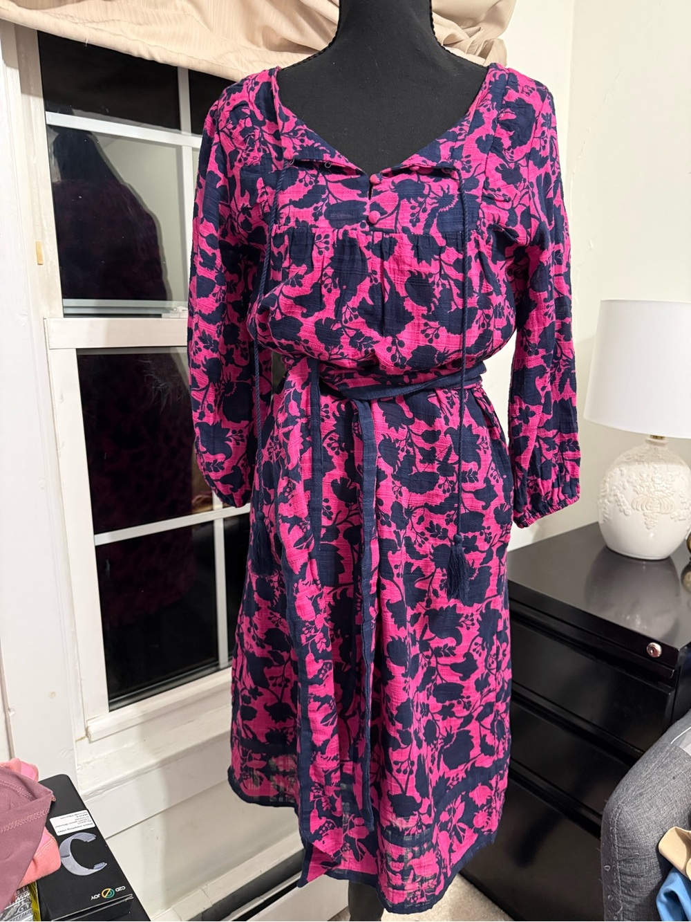 Studio Park x Amy Stran XXS Pink Navy Floral Cotton Belted Dress
